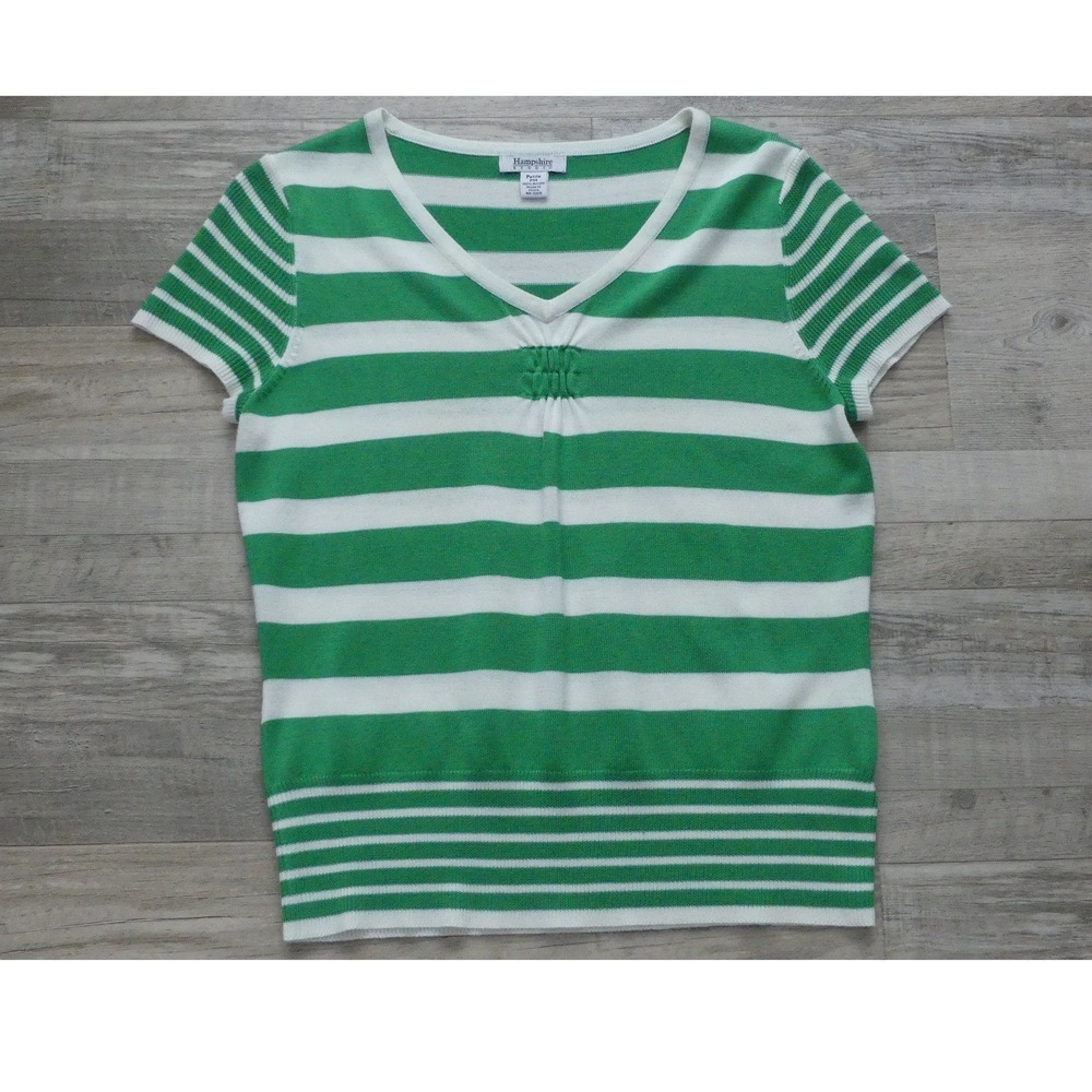 Hampshire Studio Green White Striped V-Neck Short Sleeve Knit Top Petite Medium